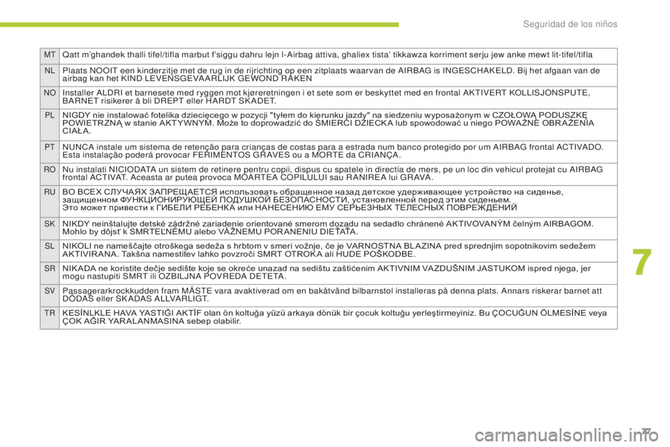 CITROEN C-ZERO 2016 Manuales de Empleo (in Spanish) MtQatt m’ghandek thalli tifel/tifla marbut f’siggu dahru lejn l-airbag attiva, ghaliex tista’ tikkawza korriment serju jew anke mewt lit-tifel/tifla
nlPlaats nOOit een kinderzitje met de rug in CITROEN C-ZERO 2016 Manuales de Empleo (in Spanish) MtQatt m’ghandek thalli tifel/tifla marbut f’siggu dahru lejn l-airbag attiva, ghaliex tista’ tikkawza korriment serju jew anke mewt lit-tifel/tifla
nlPlaats nOOit een kinderzitje met de rug in