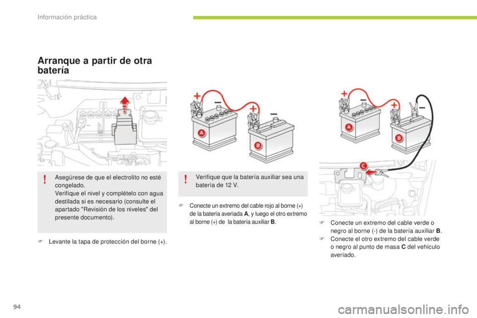 CITROEN C-ZERO 2016 Manuales de Empleo (in Spanish) 94
c-zero_es_c hap08_info-pratiques_ed01-2014
F levante la tapa de protección del borne (+).
F conecte un extremo del cable rojo al borne (+)
de la batería averiada A, y luego el otro extremo
al CITROEN C-ZERO 2016 Manuales de Empleo (in Spanish) 94
c-zero_es_c hap08_info-pratiques_ed01-2014
F levante la tapa de protección del borne (+).
F conecte un extremo del cable rojo al borne (+)
de la batería averiada A, y luego el otro extremo
al