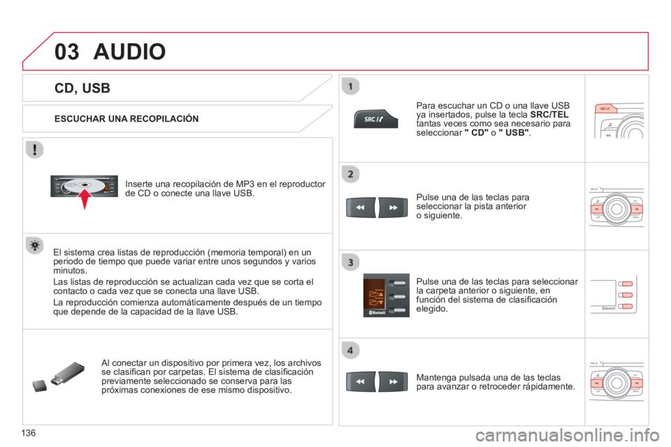 CITROEN C-ZERO 2014  Manuales de Empleo (in Spanish) 03
136
   
 
 
 
 
 
 
 
 
 
 
CD, USB 
AUDIO 
 
 
ESCUCHAR UNA RECOPILACIÓN
   
Inserte una recopilación de MP3 en el reproductor 
de 
CD o conecte una llave USB.
El sistema crea listas de reproduc