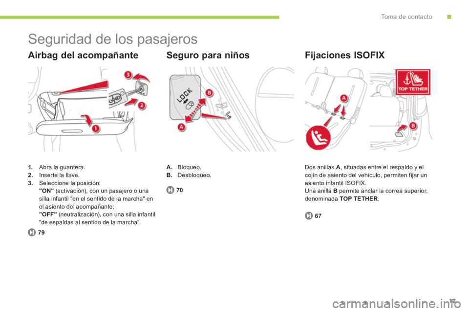 CITROEN C-ZERO 2014  Manuales de Empleo (in Spanish) .To m a  d e  c o n t a c t o
13
  Seguridad de los pasajeros 
1. 
 Abra la guantera.2.Inserte la llave.3.Seleccione la posición:"ON"(activación), con un pasajero o unasilla infantil "en el sentido 