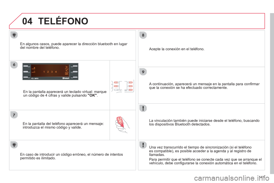 CITROEN C-ZERO 2014  Manuales de Empleo (in Spanish) 04
141
TELÉFONO
   
En la pantalla aparecerá un teclado virtual: marque
un código de 4 cifras y valide pulsando  "OK" .   
   
En la pantalla del telé
fono aparecerá un mensaje:
introduzca el mis