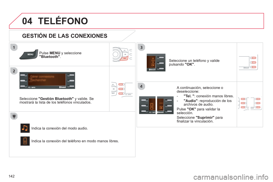 CITROEN C-ZERO 2014  Manuales de Empleo (in Spanish)  
04
142
TELÉFONO
Pulse MENU 
 y seleccione  "Bluetooth".
 
 Seleccione  "Gestión Bluetooth"y valide. Se 
mostrará la lista de los teléfonos vinculados.
In
dica la conexión del modo audio.
   
GE