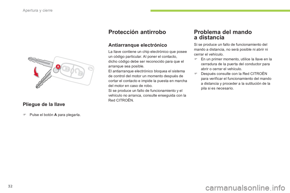 CITROEN C-ZERO 2014  Manuales de Empleo (in Spanish) Apertura y cierre
32
Pliegue de la llave 
Protección antirrobo
�)Pulse el botón Apara plegarla.  
 
 
 
 
Antiarranque electrónico
 
La llave contiene un chip electrónico que poseeun código parti