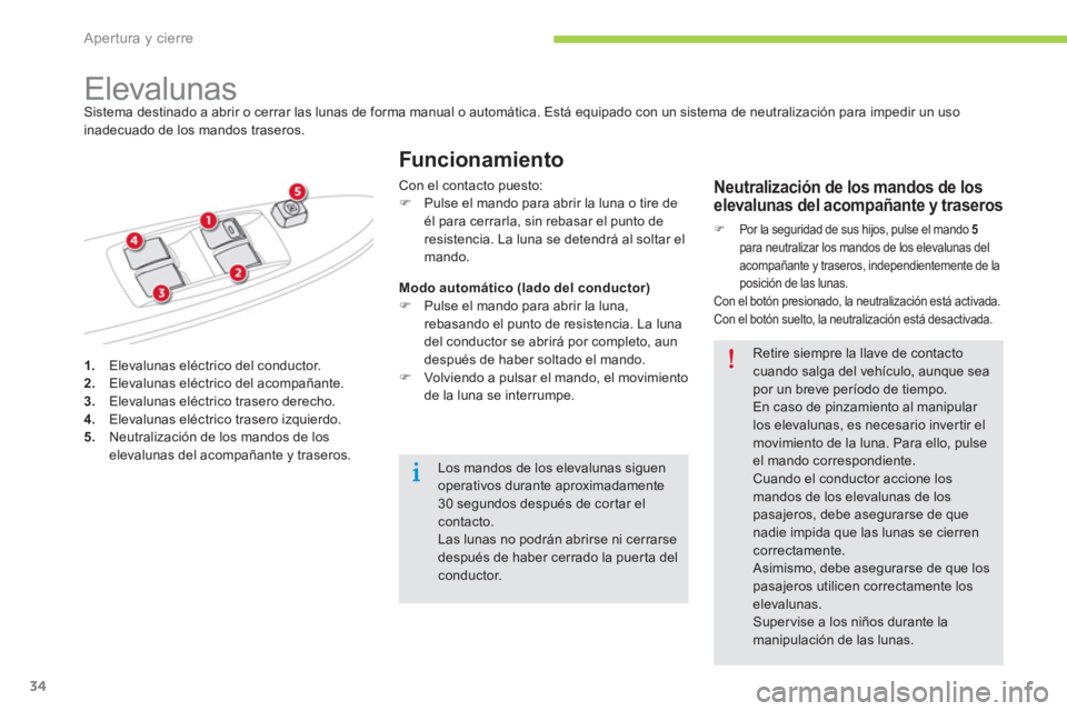 CITROEN C-ZERO 2014  Manuales de Empleo (in Spanish) Apertura y cierre
34
1.   Elevalunas eléctrico del conductor. 2. 
  Elevalunas eléctrico del acompañante.3. 
 Elevalunas eléctrico trasero derecho.4. 
  Elevalunas eléctrico trasero izquierdo. 5.