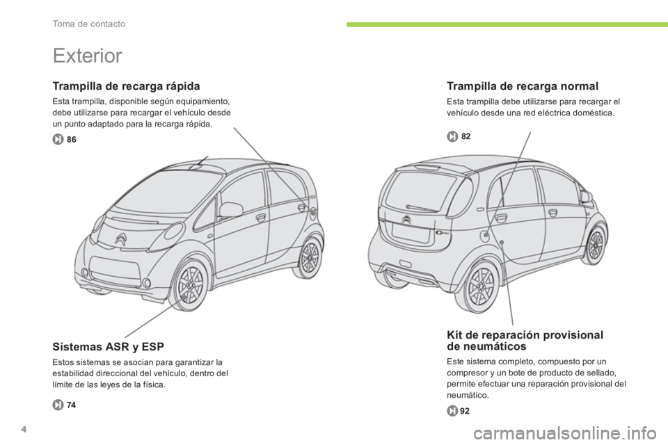 CITROEN C-ZERO 2014  Manuales de Empleo (in Spanish) To m a  d e  c o n t a c t o
4
   
Trampilla de recarga normal
 
Esta trampilla debe utilizarse para recargar el 
v
ehículo desde una red eléctrica doméstica. 
Trampilla de recarga rápida
Esta tra