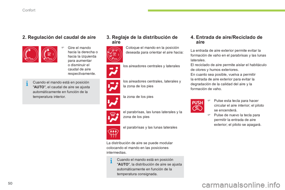 CITROEN C-ZERO 2014  Manuales de Empleo (in Spanish) Confort
50
   
4.  Entrada de aire/Reciclado de aire 
 La entrada de aire exterior permite evitar laformación de vaho en el parabrisas y las lunaslaterales. 
  El reciclado de aire permite aislar el 
