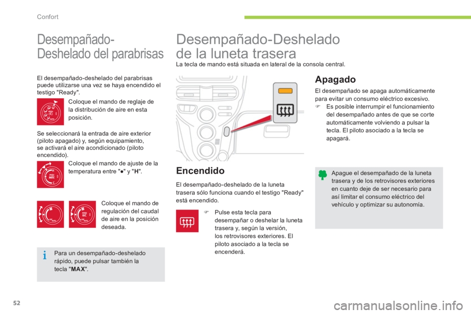 CITROEN C-ZERO 2014  Manuales de Empleo (in Spanish) Confort
52
   
Apague el desempañado de la lunetatrasera y de los retrovisores exteriores en cuanto deje de ser necesario para así limitar el consumo eléctrico delvehículo y optimizar su autonomí