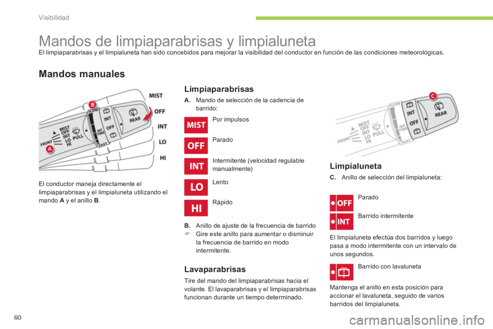 CITROEN C-ZERO 2014  Manuales de Empleo (in Spanish) Visibilidad
60
   
 
 
 
 
 
 
 
Mandos de limpiaparabrisas y limpialuneta El limpiaparabrisas y el limpialuneta han sido concebidos para mejorar la visibilidad del conductor en función de las condic