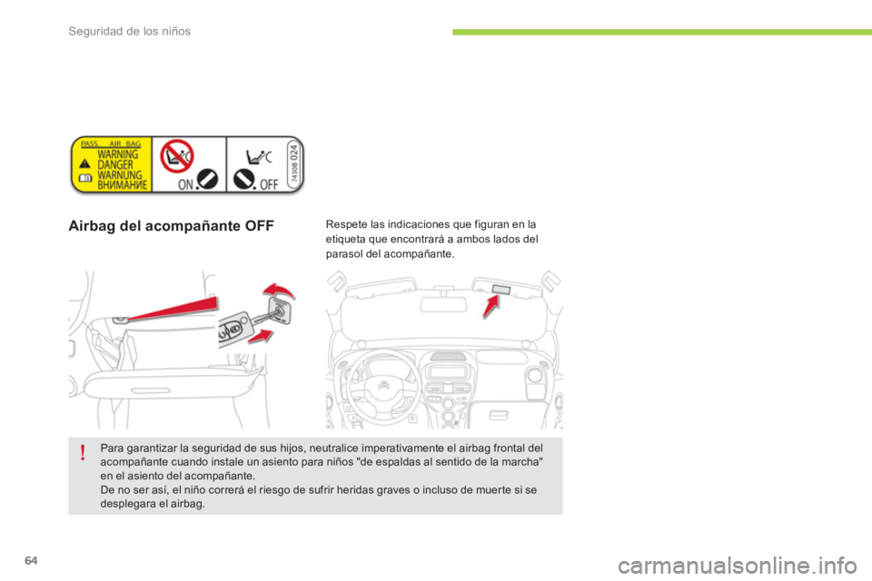 CITROEN C-ZERO 2014  Manuales de Empleo (in Spanish) Seguridad de los niños
64
Airbag del acompañante OFF   
 
Respete las indicaciones que figuran en la etiqueta que encontrará a ambos lados del 
parasol del acompañante.  
 
 
Para garantizar la se