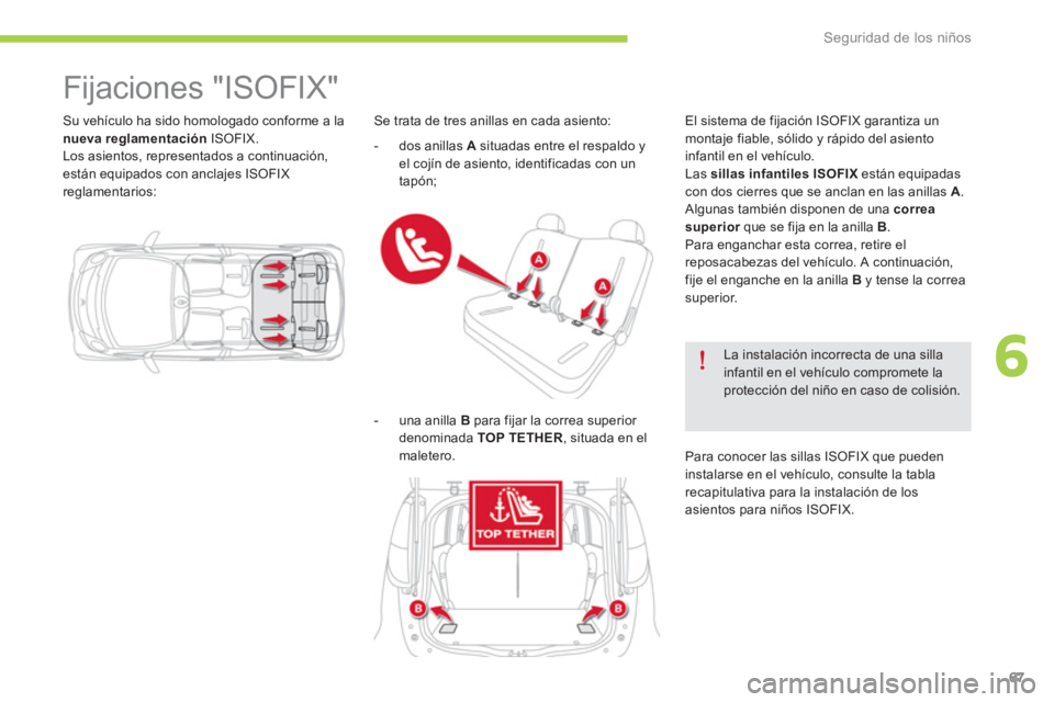 CITROEN C-ZERO 2014  Manuales de Empleo (in Spanish) 6
Seguridad de los niños
67
   
Su vehículo ha sido homologado conforme a la 
nueva reglamentaciónISOFIX.
  Los asientos, representados a continuación, 
están equipados con anclajes ISOFIX
reglam