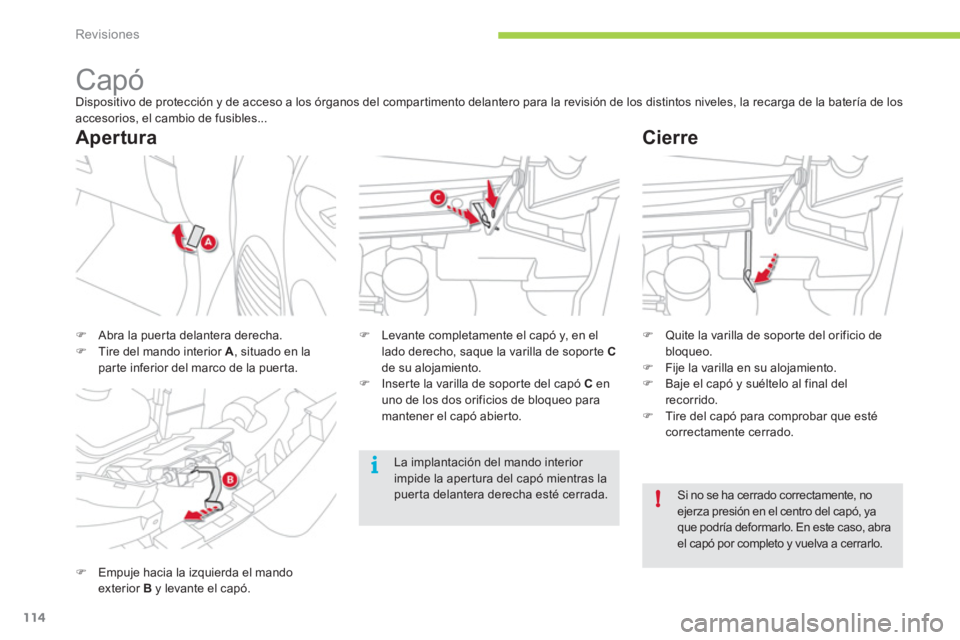 CITROEN C-ZERO 2012  Manuales de Empleo (in Spanish) !
i
Revisiones
114
   
 
 
 
 
 
 
 
 
 
 
Capó  
Dispositivo de protección y de acceso a los órganos del compartimento delantero para la revisión de los distintos niveles, la recarga de la bater