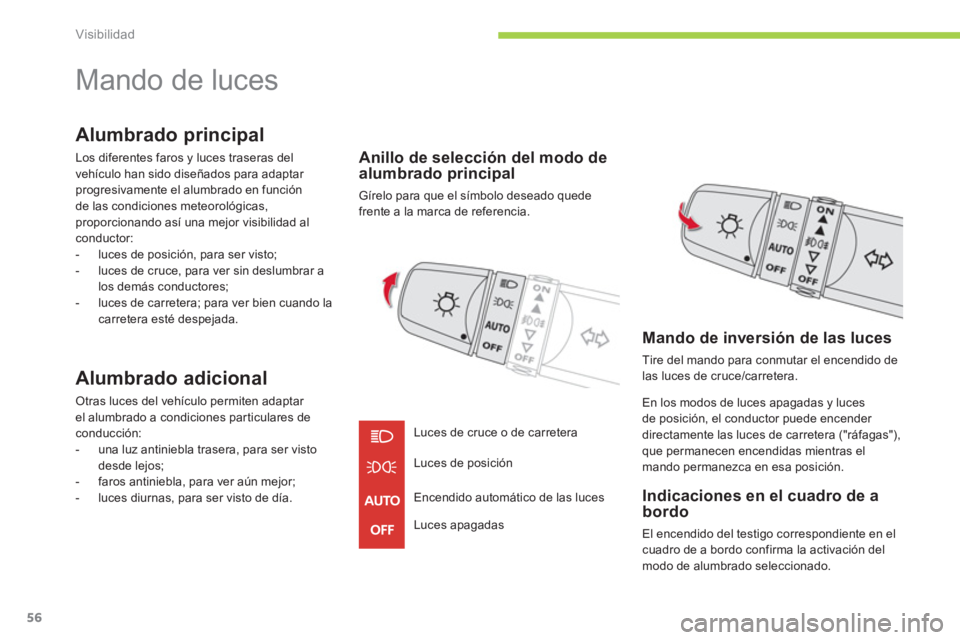 CITROEN C-ZERO 2012  Manuales de Empleo (in Spanish) Visibilidad
56
   
 
 
 
 
Mando de luces 
 
 
Alumbrado principal 
 
Los diferentes faros y luces traseras del 
vehículo han sido diseñados para adaptar 
progresivamente el alumbrado en función 
d
