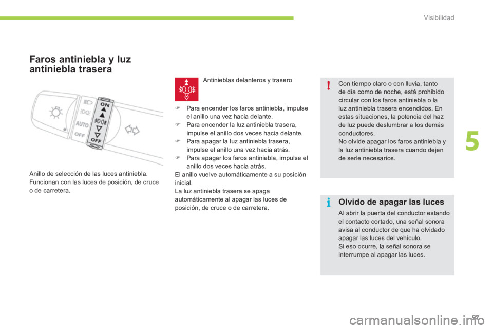 CITROEN C-ZERO 2012  Manuales de Empleo (in Spanish) 5
i !
Visibilidad
57
   
 
 
 
 
Faros antiniebla y luz 
antiniebla trasera 
  Anillo de selección de las luces antiniebla. 
  Funcionan con las luces de posición, de cruce 
o de carretera.     
 
 