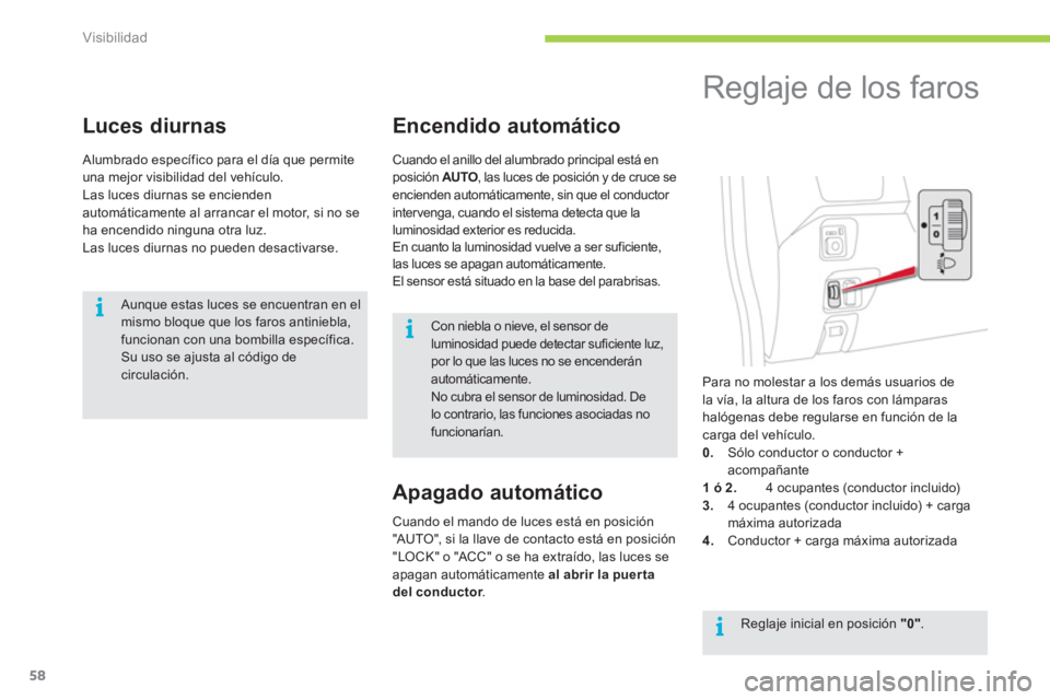 CITROEN C-ZERO 2012  Manuales de Empleo (in Spanish) i
i
i
Visibilidad
58
   
 
 
 
 
 
Luces diurnas 
 
Alumbrado específico para el día que permite 
una mejor visibilidad del vehículo. 
  Las luces diurnas se encienden 
automáticamente al arrancar
