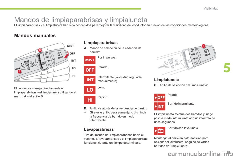 CITROEN C-ZERO 2012  Manuales de Empleo (in Spanish) 5
Visibilidad
59
   
 
 
 
 
 
 
 
Mandos de limpiaparabrisas y limpialuneta  
El limpiaparabrisas y el limpialuneta han sido concebidos para mejorar la visibilidad del conductor en función de las co