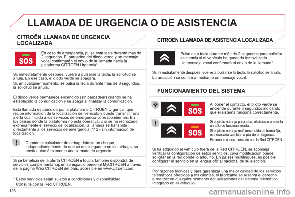 CITROEN C-ZERO 2011 Manuales de Empleo (in Spanish) 126
LLAMADA DE URGENCIA O DE ASISTENCIA
CITROËN LLAMADA DE URGENCIA
LOCALIZADA
En caso de emergencia, pulse esta tecla durante más de2 segundos. El parpadeo del diodo verde y u CITROEN C-ZERO 2011 Manuales de Empleo (in Spanish) 126
LLAMADA DE URGENCIA O DE ASISTENCIA
CITROËN LLAMADA DE URGENCIA
LOCALIZADA
En caso de emergencia, pulse esta tecla durante más de2 segundos. El parpadeo del diodo verde y u