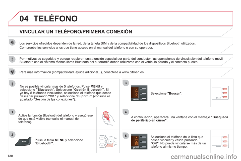 CITROEN C-ZERO 2011 Manuales de Empleo (in Spanish) 04
1
2
4
3
5
138
TELÉFONO
VINCULAR UN TELÉFONO/PRIMERA CONEXIÓN
Los servicios ofrecidos dependen de la red, de la tarjeta SIM y de la compatibilidad de los dispositivos Blu CITROEN C-ZERO 2011 Manuales de Empleo (in Spanish) 04
1
2
4
3
5
138
TELÉFONO
VINCULAR UN TELÉFONO/PRIMERA CONEXIÓN
Los servicios ofrecidos dependen de la red, de la tarjeta SIM y de la compatibilidad de los dispositivos Blu