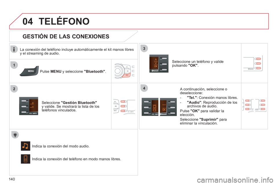 CITROEN C-ZERO 2011 Manuales de Empleo (in Spanish) 1
2
3
04
4
140
TELÉFONO
La conexión del teléfono incluye automáticamente el kit manos libresy el streaming de audio.
P
ulse MENU
y seleccione "Bluetooth".
Seleccione "Gestión Bluetooth"y CITROEN C-ZERO 2011 Manuales de Empleo (in Spanish) 1
2
3
04
4
140
TELÉFONO
La conexión del teléfono incluye automáticamente el kit manos libresy el streaming de audio.
P
ulse MENU
y seleccione "Bluetooth".
Seleccione "Gestión Bluetooth"y