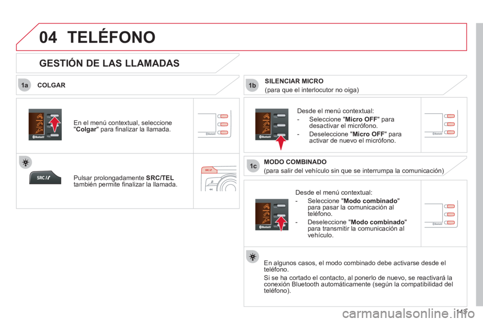CITROEN C-ZERO 2011 Manuales de Empleo (in Spanish)
1a
1c
1b
04
143
TELÉFONO
COLGAR
D
esde el menú contextual:
-
Seleccione " Modo combinado"para pasar la comunicación al
teléfono.
- D
eseleccione "Modo combinado"
para tran CITROEN C-ZERO 2011 Manuales de Empleo (in Spanish)
1a
1c
1b
04
143
TELÉFONO
COLGAR
D
esde el menú contextual:
-
Seleccione " Modo combinado"para pasar la comunicación al
teléfono.
- D
eseleccione "Modo combinado"
para tran