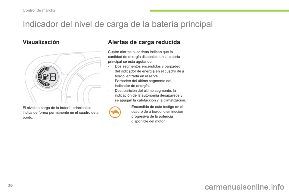 CITROEN C-ZERO 2011 Manuales de Empleo (in Spanish) Control de marcha
26
Indicador del nivel de carga de la batería principal
Visualización
Cuatro alertas sucesivas indican que lacantidad de energía disponible en la batería
principal se está a CITROEN C-ZERO 2011 Manuales de Empleo (in Spanish) Control de marcha
26
Indicador del nivel de carga de la batería principal
Visualización
Cuatro alertas sucesivas indican que lacantidad de energía disponible en la batería
principal se está a
