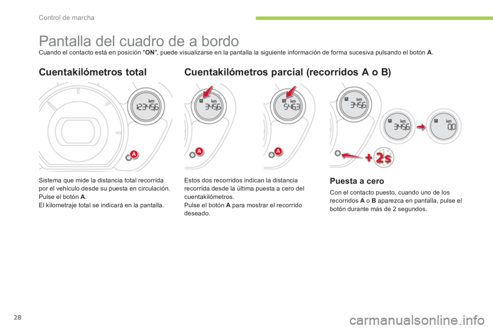 CITROEN C-ZERO 2011 Manuales de Empleo (in Spanish) Control de marcha
28
Pantalla del cuadro de a bordo Cuando el contacto está en posición "ON
", puede visualizarse en la pantalla la siguiente información de forma sucesiva pulsan CITROEN C-ZERO 2011 Manuales de Empleo (in Spanish) Control de marcha
28
Pantalla del cuadro de a bordo Cuando el contacto está en posición "ON
", puede visualizarse en la pantalla la siguiente información de forma sucesiva pulsan