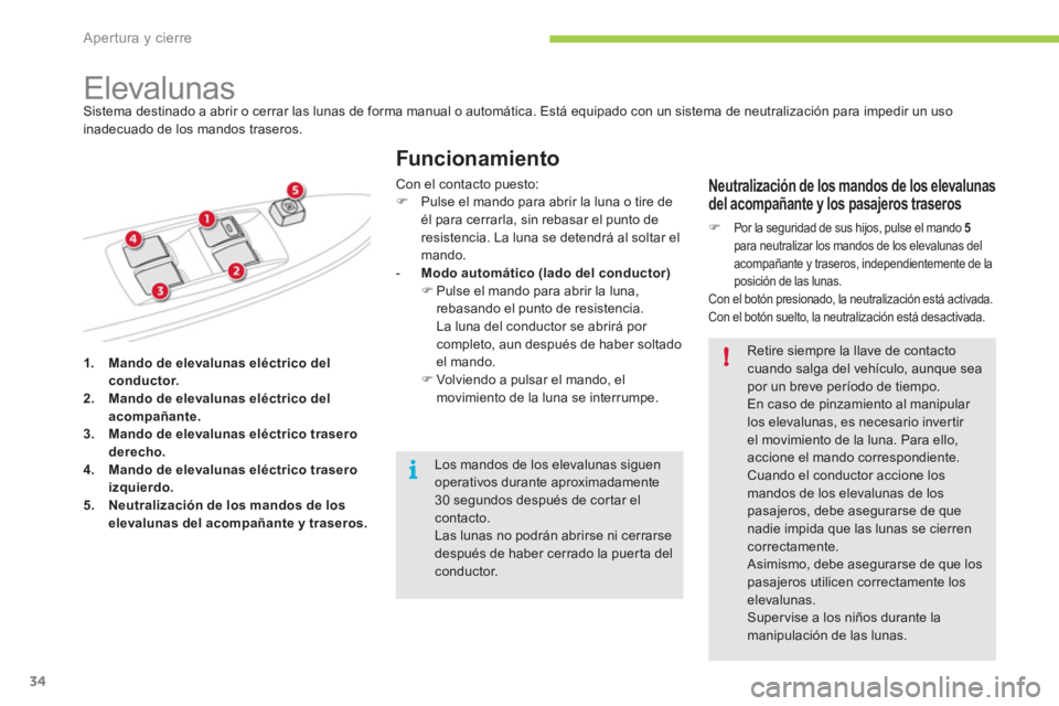 CITROEN C-ZERO 2011  Manuales de Empleo (in Spanish) i
!
Apertura y cierre
34
1.Mando de elevalunas eléctrico delconductor.2.Mando de elevalunas eléctrico delacompañante.3.Mando de elevalunas eléctrico traseroderecho.4.Mando de elevalunas eléctrico