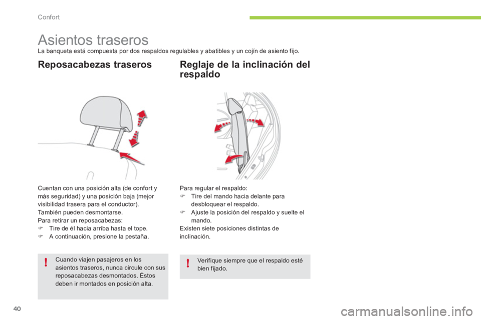 CITROEN C-ZERO 2011  Manuales de Empleo (in Spanish) !!
Confort
40
   
 
 
 
 
 
 
 
 
 
 
 
 
Asientos traseros La banqueta está compuesta por dos respaldos regulables y abatibles y un cojín de asiento fijo.
Reposacabezas traseros 
Cuentan con una po