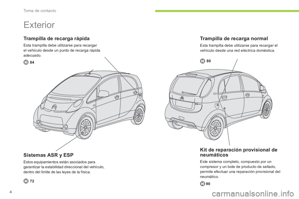 CITROEN C-ZERO 2011  Manuales de Empleo (in Spanish) To m a  d e  c o n t a c t o
4
   
Trampilla de recarga normal
 
Esta trampilla debe utilizarse para recargar el 
v
ehículo desde una red eléctrica doméstica. 
Trampilla de recarga rápida
Esta tra