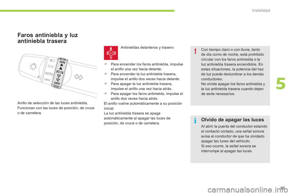 CITROEN C-ZERO 2011  Manuales de Empleo (in Spanish) 5
i !
Visibilidad
57
   
 
 
 
 
Faros antiniebla y luz 
antiniebla trasera 
 Anillo de selección de las luces antiniebla. 
  Funcionan con las luces de posición, de cruce o de carretera.
Antiniebla