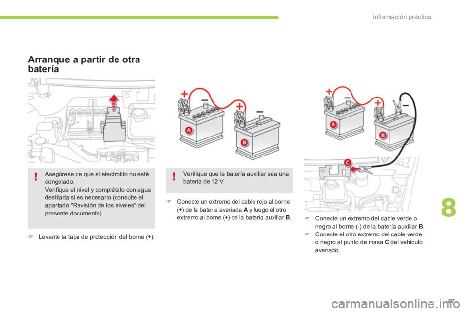 CITROEN C-ZERO 2011  Manuales de Empleo (in Spanish) 8
!!
Información práctica
87
�)Levante la tapa de protección del borne (+).
�)    Conecte un extremo del cable rojo al borne (+) de la batería averiada Ay luego el otro Aextremo al borne (+) de la