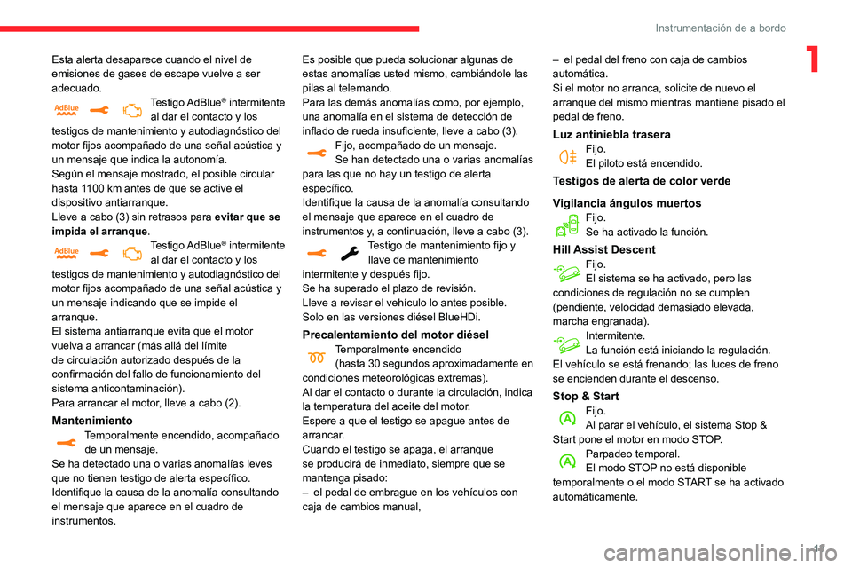 CITROEN C3 AIRCROSS 2021 Manuales de Empleo (in Spanish) 13
Instrumentación de a bordo
1Esta alerta desaparece cuando el nivel de
emisiones de gases de escape vuelve a ser
adecuado.
Testigo AdBlue® intermitente
al dar el contacto y los
testigos de man CITROEN C3 AIRCROSS 2021 Manuales de Empleo (in Spanish) 13
Instrumentación de a bordo
1Esta alerta desaparece cuando el nivel de
emisiones de gases de escape vuelve a ser
adecuado.
Testigo AdBlue® intermitente
al dar el contacto y los
testigos de man