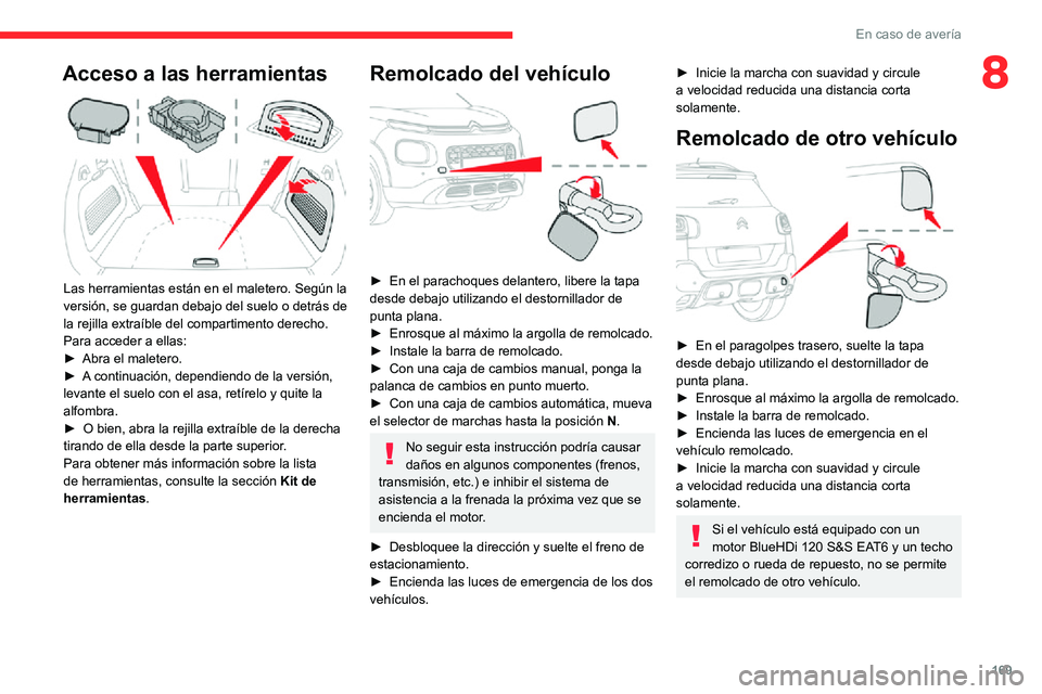 CITROEN C3 AIRCROSS 2021  Manuales de Empleo (in Spanish) 169
En caso de avería
8Acceso a las herramientas 
 
Las herramientas están en el maletero. Según la 
versión, se guardan debajo del suelo o detrás de 
la rejilla extraíble del compartimento dere