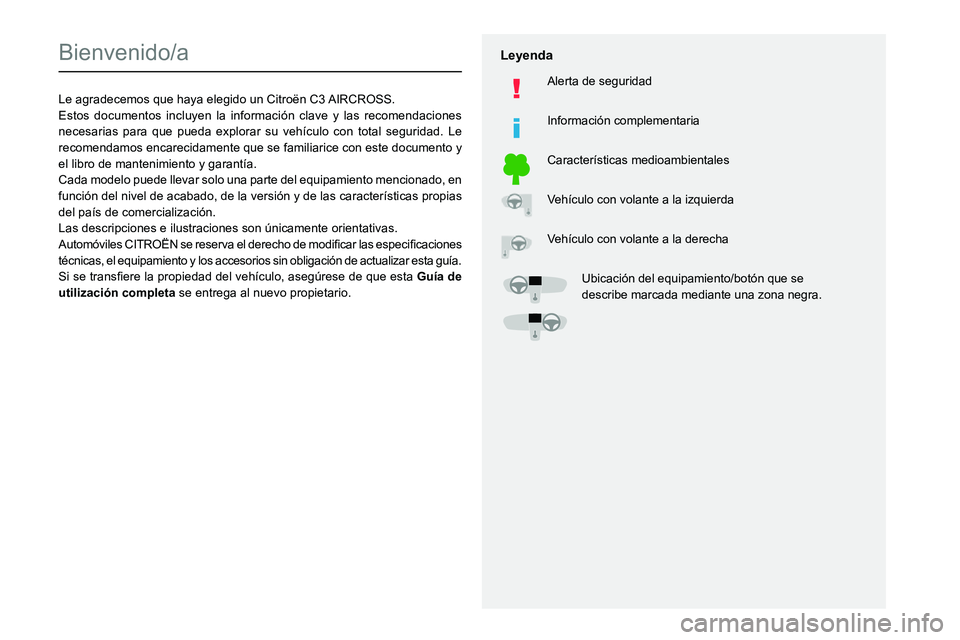CITROEN C3 AIRCROSS 2021 Manuales de Empleo (in Spanish)
Bienvenido/a
Le agradecemos que haya elegido un Citro CITROEN C3 AIRCROSS 2021 Manuales de Empleo (in Spanish)
Bienvenido/a
Le agradecemos que haya elegido un Citro