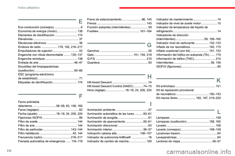 CITROEN C3 AIRCROSS 2021  Manuales de Empleo (in Spanish) 230
Índice alfabético
E
Eco-conducción (consejos)   6Economía de energía (modo)   138Elementos de identificación   174Elevalunas   37Elevalunas eléctricos   36Emisora de radio   178, 192, 216