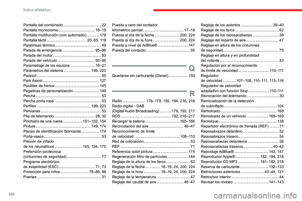 CITROEN C3 AIRCROSS 2021  Manuales de Empleo (in Spanish) 232
Índice alfabético
Pantalla del combinado   22Pantalla monocromo   18–19Pantalla multifunción (con autorradio)   178Pantalla táctil   20, 65, 119Parabrisas térmico   49Parada de emergencia  
