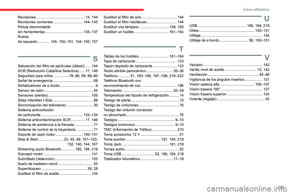 CITROEN C3 AIRCROSS 2021  Manuales de Empleo (in Spanish) 233
Índice alfabético
Revisiones   14, 144Revisiones corrientes   144–145Rótula desmontable  sin herramientas   135–137Rueda  de repuesto   145, 150–151, 154–155, 157
S
Saturación del filt