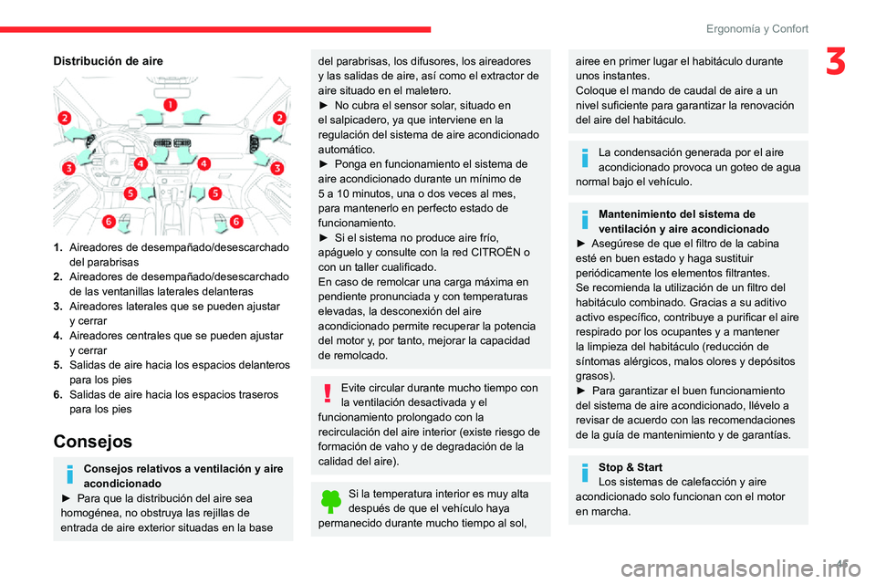 CITROEN C3 AIRCROSS 2021  Manuales de Empleo (in Spanish) 45
Ergonomía y Confort
3Distribución de aire 
 
1.Aireadores de desempañado/desescarchado 
del parabrisas
2. Aireadores de desempañado/desescarchado 
de las ventanillas laterales delanteras
3. Air