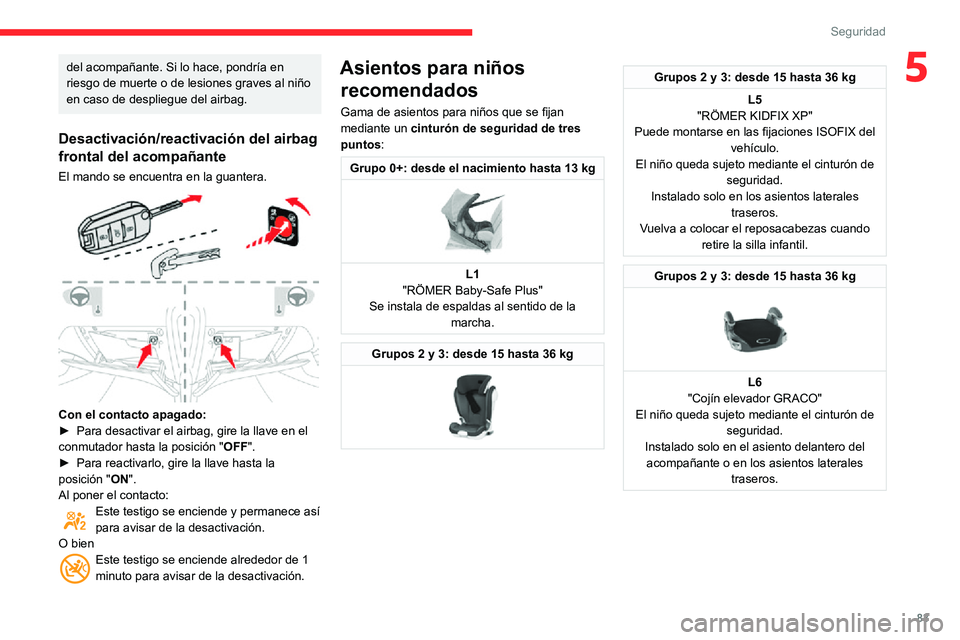 CITROEN C3 AIRCROSS 2021  Manuales de Empleo (in Spanish) 83
Seguridad
5del acompañante. Si lo hace, pondría en 
riesgo de muerte o de lesiones graves al niño 
en caso de despliegue del airbag.
Desactivación/reactivación del airbag 
frontal del acompañ