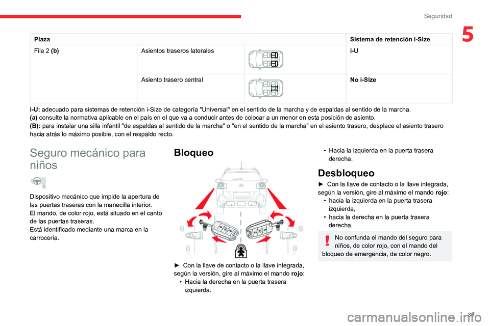 CITROEN C3 AIRCROSS 2021  Manuales de Empleo (in Spanish) 89
Seguridad
5PlazaSistema de retención i-Size
Fila 2 (b) Asientos traseros laterales 
 
i-U
Asiento trasero central
 
 
No i-Size
i-U: adecuado para sistemas de retención i-Size de categoría "