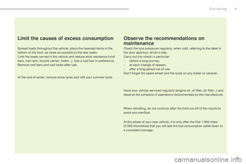 Citroen C4 AIRCROSS RHD 2014.5 1.G Owners Manual 11
Limit the causes of excess consumption
Spread loads throughout the vehicle; place the heaviest items in the 
bottom of the boot, as close as possible to the rear seats.
Limit the loads carried in t