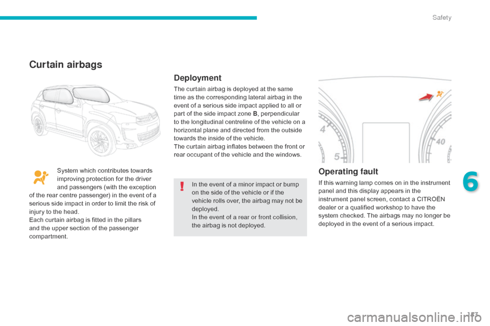 Citroen C4 AIRCROSS RHD 2014.5 1.G Owners Guide 153
In the event of a minor impact or bump
on the side of the vehicle or if the
vehicle rolls over, the airbag may not be
deployed.
In the event of a rear or front collision,
the airbag is not dep Citroen C4 AIRCROSS RHD 2014.5 1.G Owners Guide 153
In the event of a minor impact or bump
on the side of the vehicle or if the
vehicle rolls over, the airbag may not be
deployed.
In the event of a rear or front collision,
the airbag is not dep