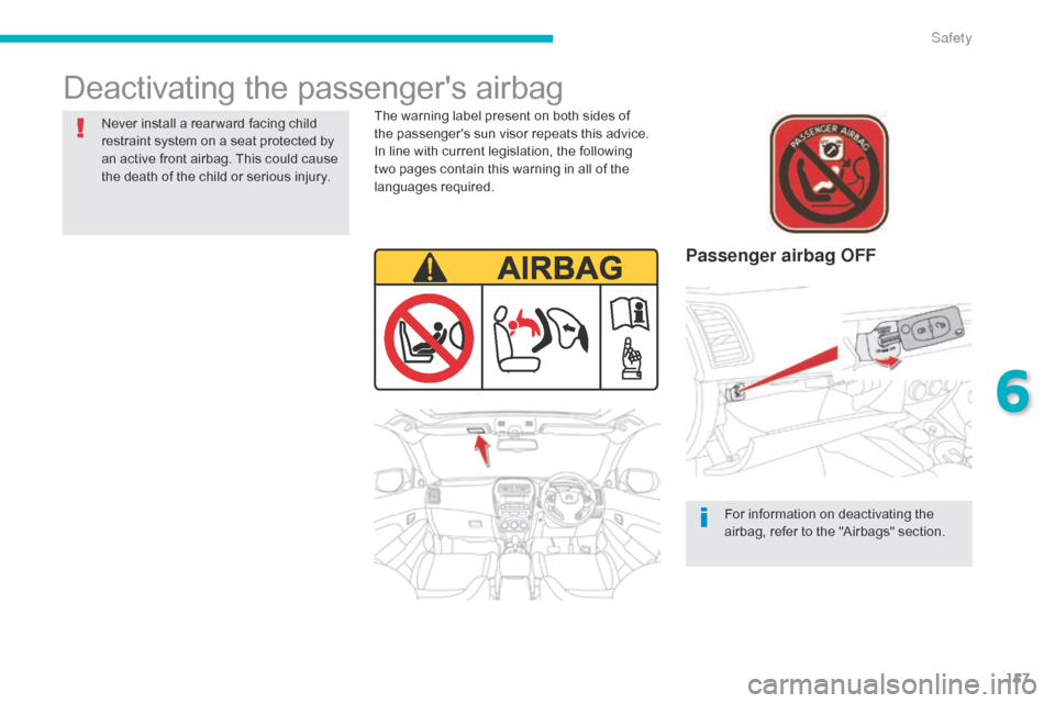 Citroen C4 AIRCROSS RHD 2014.5 1.G Owners Manual 157
Deactivating the passengers airbag
Passenger airbag OFF
The warning label present on both sides of
the passengers sun visor repeats this advice.
In line with current legislation, the following Citroen C4 AIRCROSS RHD 2014.5 1.G Owners Manual 157
Deactivating the passengers airbag
Passenger airbag OFF
The warning label present on both sides of
the passengers sun visor repeats this advice.
In line with current legislation, the following
