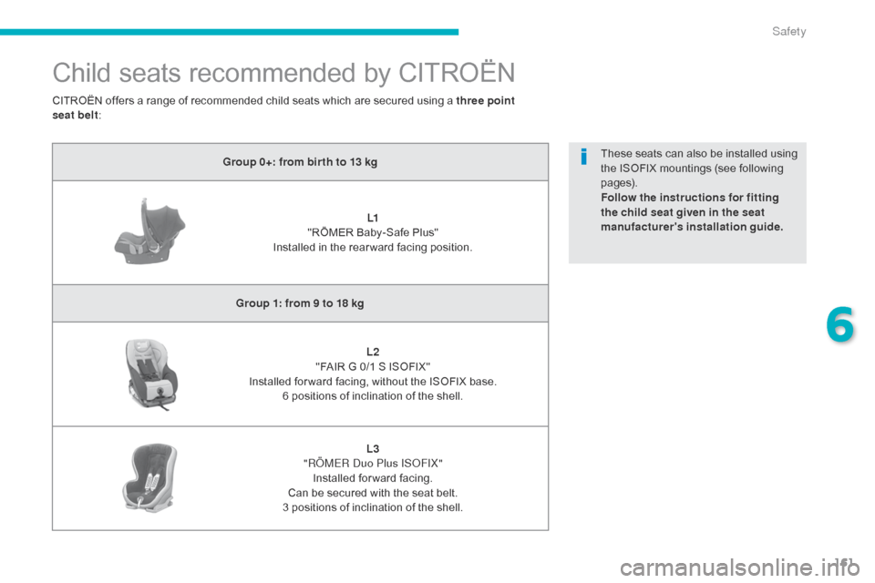 Citroen C4 AIRCROSS RHD 2014.5 1.G Owners Manual 161
Child seats recommended by CITROËN
Group 0+: from bir th to 13 kgL1
"RÖMER Baby-Safe Plus"
Installed in the rear ward facing position.
Group 1: from 9 to 18 kg L2
"FAIR G 0/1 S ISOFIX"
Instal Citroen C4 AIRCROSS RHD 2014.5 1.G Owners Manual 161
Child seats recommended by CITROËN
Group 0+: from bir th to 13 kgL1
"RÖMER Baby-Safe Plus"
Installed in the rear ward facing position.
Group 1: from 9 to 18 kg L2
"FAIR G 0/1 S ISOFIX"
Instal