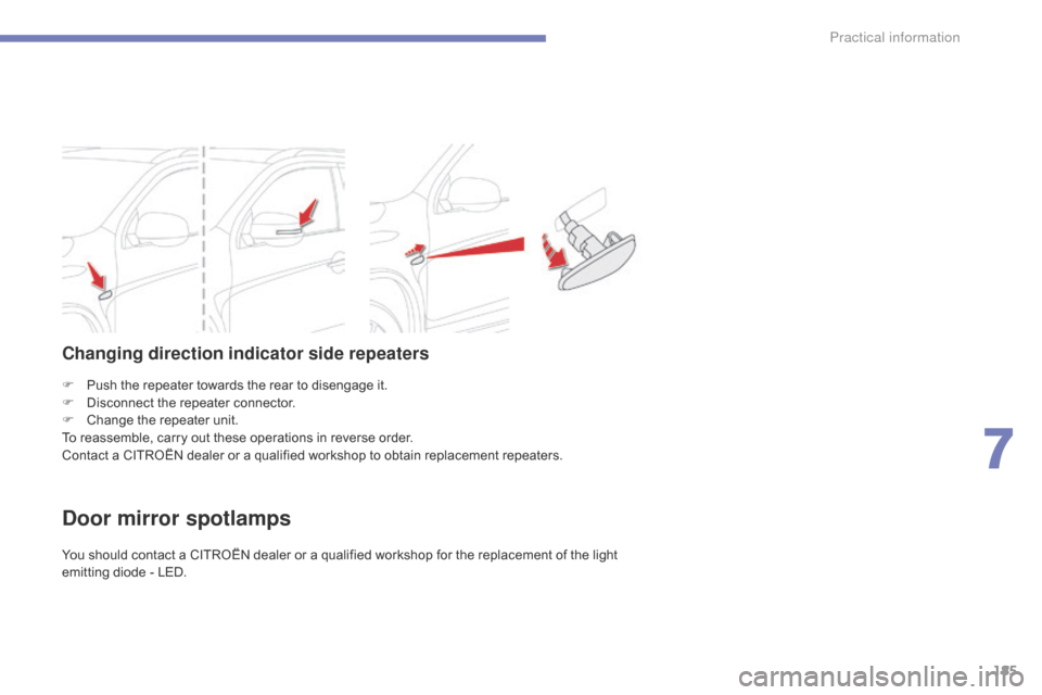 Citroen C4 AIRCROSS RHD 2014.5 1.G Owners Manual 185
F Push the repeater towards the rear to disengage it.
F D isconnect the repeater connector.
F
C
hange the repeater unit.
To reassemble, carry out these operations in reverse order.
Contact a CI Citroen C4 AIRCROSS RHD 2014.5 1.G Owners Manual 185
F Push the repeater towards the rear to disengage it.
F D isconnect the repeater connector.
F
C
hange the repeater unit.
To reassemble, carry out these operations in reverse order.
Contact a CI