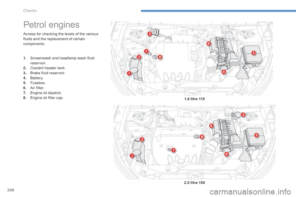 Citroen C4 AIRCROSS RHD 2014.5 1.G Owners Manual 208
Access for checking the levels of the various
fluids and the replacement of certain
components.
Petrol engines
1. Screenwash and headlamp wash fluid reservoir.
2.
C
oolant header tank.
3.
B
Citroen C4 AIRCROSS RHD 2014.5 1.G Owners Manual 208
Access for checking the levels of the various
fluids and the replacement of certain
components.
Petrol engines
1. Screenwash and headlamp wash fluid reservoir.
2.
C
oolant header tank.
3.
B
