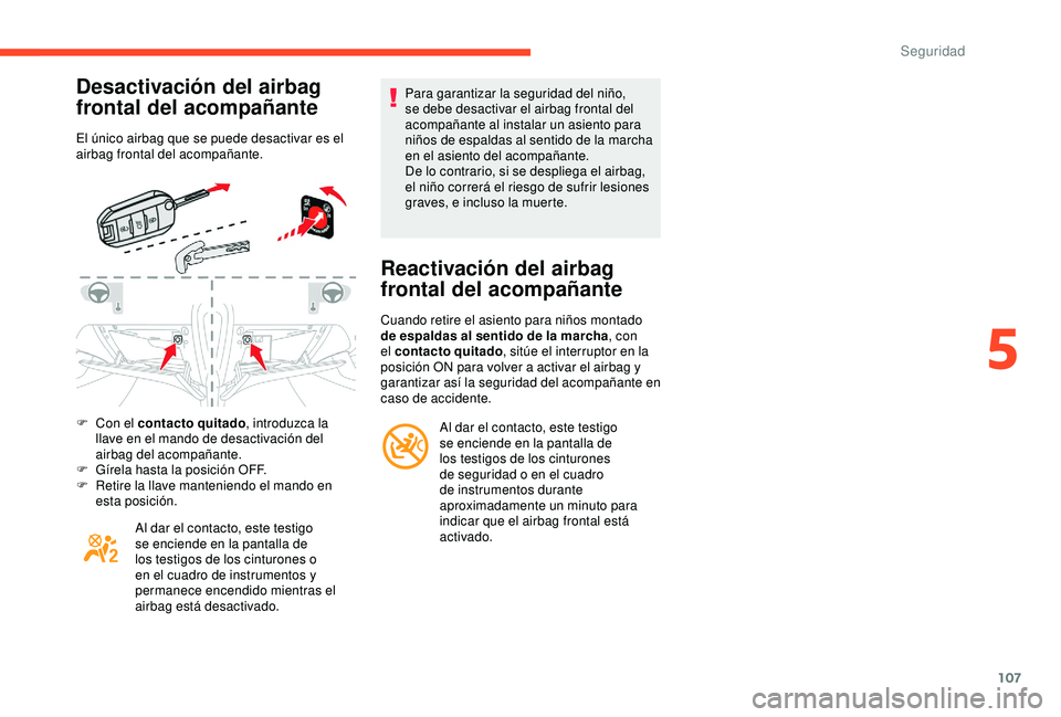 CITROEN C3 AIRCROSS 2019 Manuales de Empleo (in Spanish) 107
Desactivación del airbag
frontal del acompañante
El único airbag que se puede desactivar es el
airbag frontal del acompañante.
F
C
on el contacto quitado , introduzca la
llave en el mando CITROEN C3 AIRCROSS 2019 Manuales de Empleo (in Spanish) 107
Desactivación del airbag
frontal del acompañante
El único airbag que se puede desactivar es el
airbag frontal del acompañante.
F
C
on el contacto quitado , introduzca la
llave en el mando