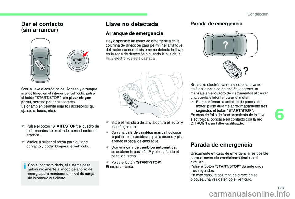 CITROEN C3 AIRCROSS 2019 Manuales de Empleo (in Spanish) 123
Dar el contacto
(sin
a
rrancar)
F Pulse el botón " START/STOP"; el cuadro de
instrumentos se enciende, pero el motor no
arranca.
F
V
uelva a pulsar el botón para quitar el
conta CITROEN C3 AIRCROSS 2019 Manuales de Empleo (in Spanish) 123
Dar el contacto
(sin
a
rrancar)
F Pulse el botón " START/STOP"; el cuadro de
instrumentos se enciende, pero el motor no
arranca.
F
V
uelva a pulsar el botón para quitar el
conta