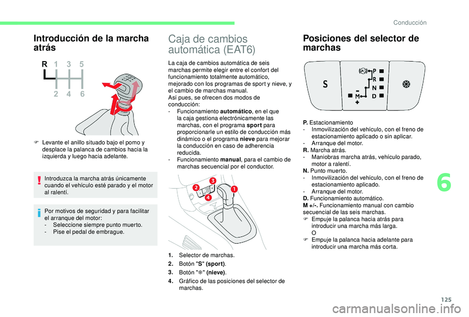 CITROEN C3 AIRCROSS 2019 Manuales de Empleo (in Spanish) 125
Introducción de la marcha
atrás
F Levante el anillo situado bajo el pomo y desplace la palanca de cambios hacia la
izquierda y luego hacia adelante.
Introduzca la marcha atrás únicamente
cu CITROEN C3 AIRCROSS 2019 Manuales de Empleo (in Spanish) 125
Introducción de la marcha
atrás
F Levante el anillo situado bajo el pomo y desplace la palanca de cambios hacia la
izquierda y luego hacia adelante.
Introduzca la marcha atrás únicamente
cu