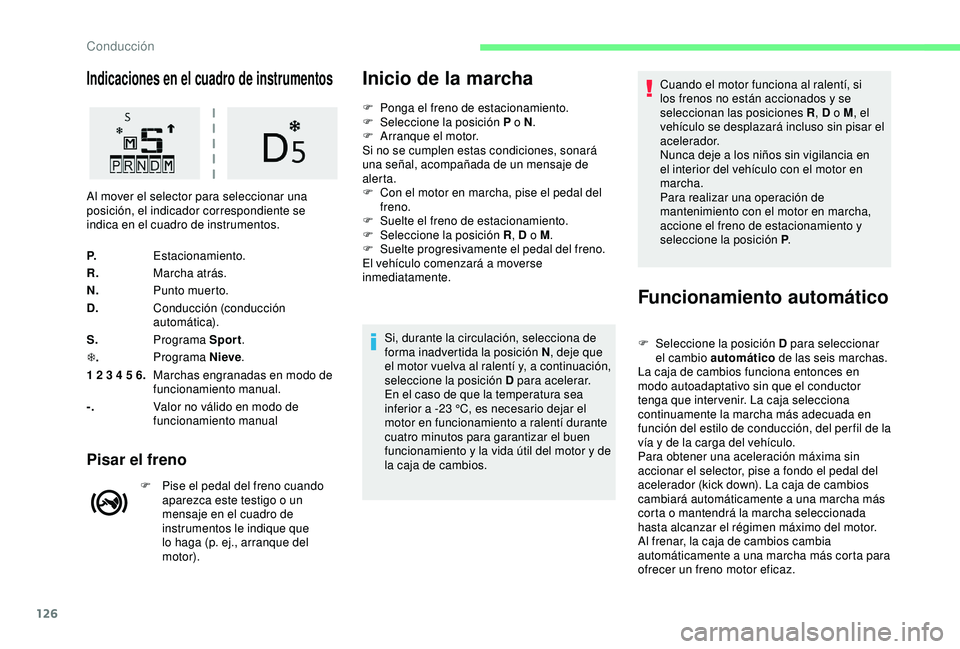 CITROEN C3 AIRCROSS 2019 Manuales de Empleo (in Spanish) 126
Indicaciones en el cuadro de instrumentos
P.Estacionamiento.
R. Marcha atrás.
N. Punto muerto.
D. Conducción (conducción
automática).
S. Programa Sport .
T . Programa Nieve
.
1 2 3 4 5 6. Mar CITROEN C3 AIRCROSS 2019 Manuales de Empleo (in Spanish) 126
Indicaciones en el cuadro de instrumentos
P.Estacionamiento.
R. Marcha atrás.
N. Punto muerto.
D. Conducción (conducción
automática).
S. Programa Sport .
T . Programa Nieve
.
1 2 3 4 5 6. Mar