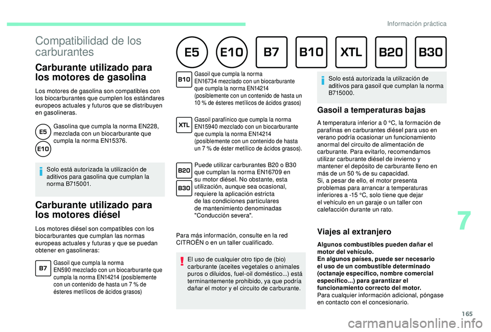 CITROEN C3 AIRCROSS 2019 Manuales de Empleo (in Spanish) 165
Carburante utilizado para
los motores de gasolina
Los motores de gasolina son compatibles con
los biocarburantes que cumplen los estándares
europeos actuales y futuros que se distribuyen
en CITROEN C3 AIRCROSS 2019 Manuales de Empleo (in Spanish) 165
Carburante utilizado para
los motores de gasolina
Los motores de gasolina son compatibles con
los biocarburantes que cumplen los estándares
europeos actuales y futuros que se distribuyen
en
